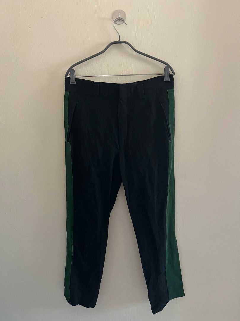 SS21 Haider Ackerman Green Side-Striped Trousers (Category: Trousers) located in Quezon. Submitted by _babypluto (Listing ID 1453188330, Image 2). Description: Size on tag: 38 Flaw: Damaged belt loop and kinda faded Color rate: 8/10 Dimensions: Lenght: 35 Waist: 32 Front rise: 12 Thi: 11 Knee: 7 Inseam: 25 Leg Opening: 6.5 Note: actual color of the item may change due to lighting. .