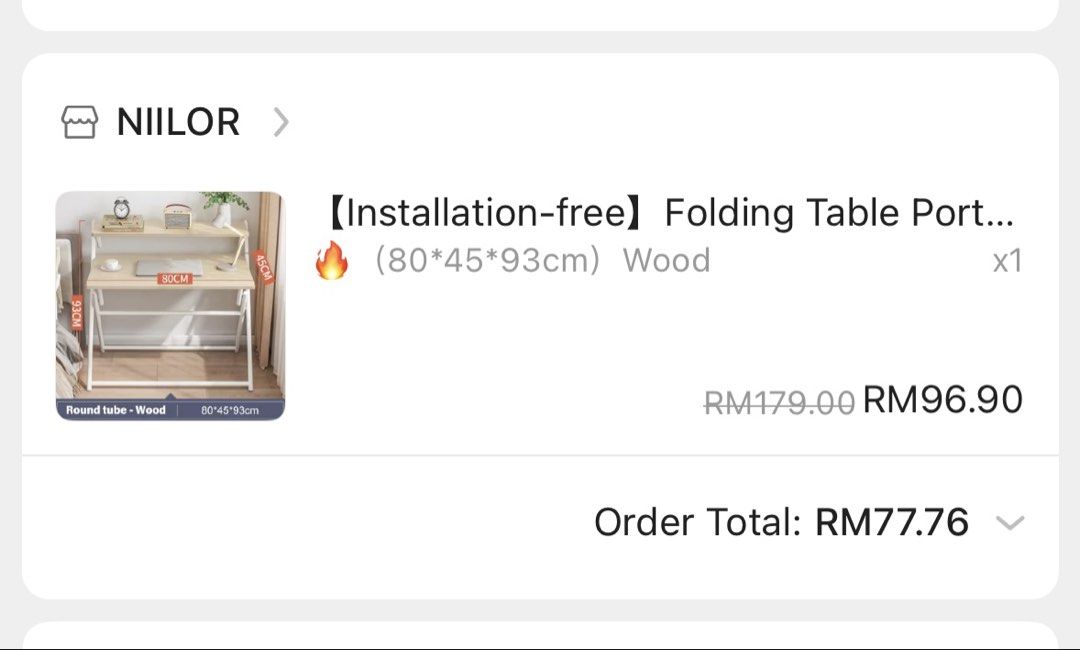 Study table (Category: Tables & Sets) located in Kuala Lumpur. Submitted by affhsykrh (Listing ID 1453087947, Image 3). Description: - Wood finish tabletop with sturdy metal frame - Folds flat for easy storage and portability - Perfect for small apartments, dorm rooms, or temporary workspaces - Includes a matching folding chair - Great for studying, working from home, or as a convenient side table.