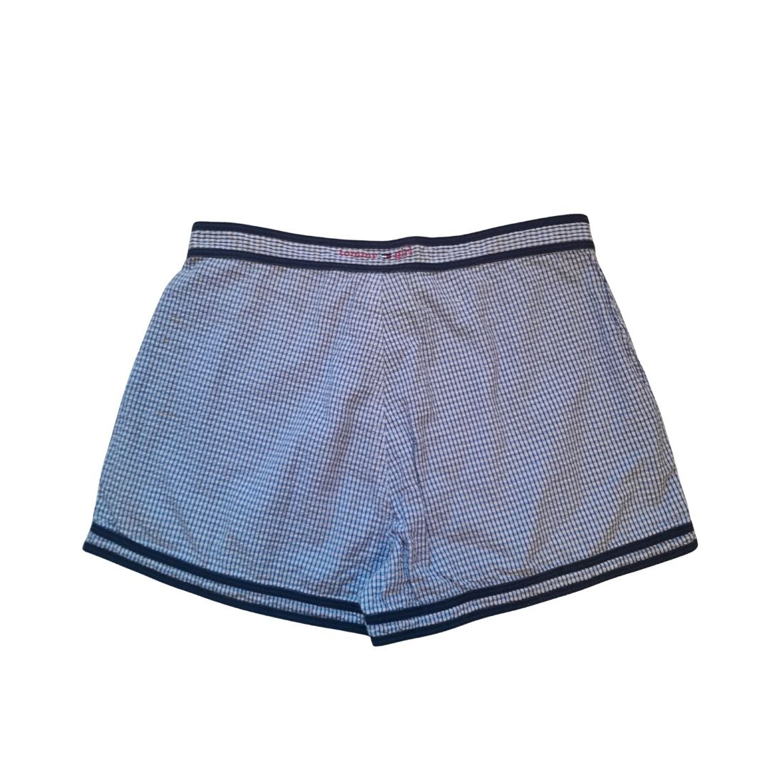 TOMMY JEANS Blue Checkered Shorts (Category: Luxury Apparel) located in Davao. Submitted by pickystuff (Listing ID 1453095274, Image 2). Description: Never used Tag says 7 but fits s-m Dimension: waistline 28, waist drop 11 Flaw: with yellow stains due to storage .