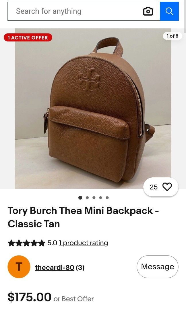 Tory Burch Thea Mini Leather classic tan Backpack (Category: Luxury Bags & Wallets) located in Cebu City. Submitted by westleygics18 (Listing ID 1453214676, Image 3). Description: - Excellent Condition - Color: Brown - Signature Tory Burch logo embossed on the front - Convenient front zip pocket - Adjustable straps for comfortable wear - Clean and well-maintained interior - Zippers function smoothly - Ideal for everyday use - Actual pics posted.