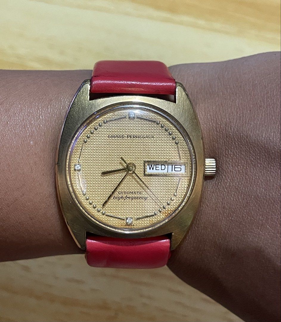 Vintage girard perregaux gyromatic (Category: Men's Watches) located in Taguig. Submitted by tester1x (Listing ID 1453098951, Image 1). Description: Vintage watch Girard perregaux gyromatic Swiss Self winding Yellow dial Gold filled case 35mm Replacement strap buckle Watch only.