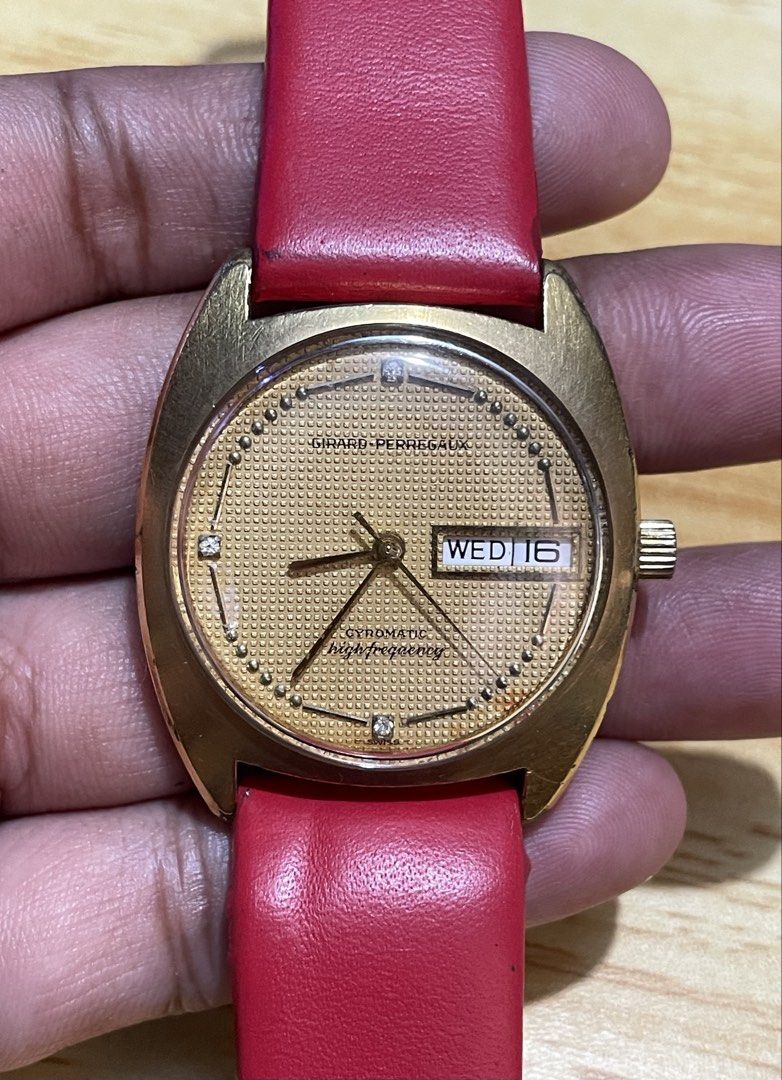 Vintage girard perregaux gyromatic (Category: Men's Watches) located in Taguig. Submitted by tester1x (Listing ID 1453098951, Image 2). Description: Vintage watch Girard perregaux gyromatic Swiss Self winding Yellow dial Gold filled case 35mm Replacement strap buckle Watch only.