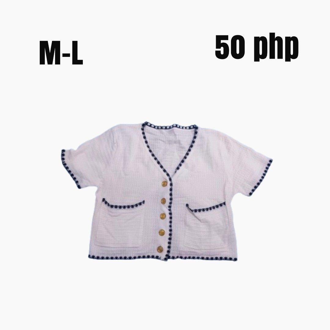 White Button-Up knitted top M-L (Category: Coats, Jackets and Outerwear) located in Pasig City. Submitted by dee.2626 (Listing ID 1453177214, Image 1). Description: Once lang nagamit ‼️ Location: Pasig City Shipping via Lalamove / Grab/J&T (delivery fee shouldered by buyer) Payment: GCash Actual photos posted No lowballers please Message me for more details or additional photos and for proof of legitimacy - Cute white short-sleeve top - Navy trim