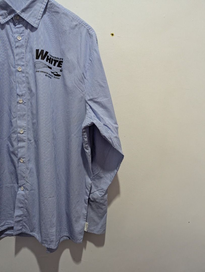 White Chocoolate Oversized striped Shirt M/L (Category: Blouses) located in Antipolo. Submitted by bentakahitanoano (Listing ID 1453228606, Image 3). Description: Still in good shape Size S oversized Longer sleeve cuff 100% cotton Chocoolate HK Fits large Pit to pit 25 Length 28.