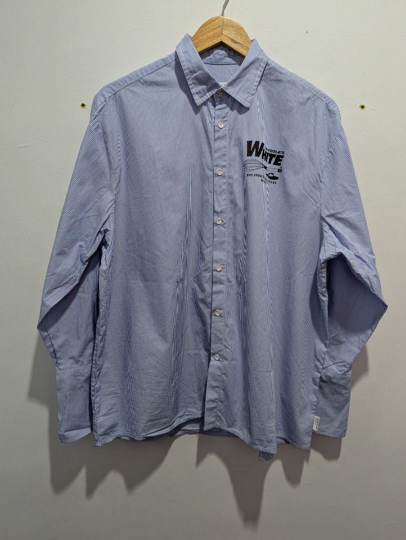 White Chocoolate Oversized striped Shirt M/L (Category: Blouses) located in Antipolo. Submitted by bentakahitanoano (Listing ID 1453228606, Image 2). Description: Still in good shape Size S oversized Longer sleeve cuff 100% cotton Chocoolate HK Fits large Pit to pit 25 Length 28.