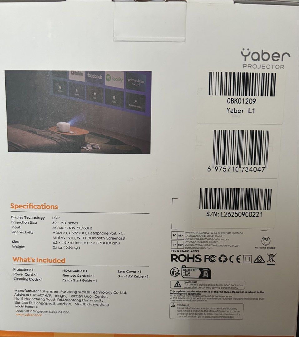 Yaber Mini Projector L1 - Smart System, Support 1080P (Category: Projectors) located in Mandaluyong City. Submitted by skyler0608 (Listing ID 1453061889, Image 3). Description: - Yaber Mini Projector L1 - Project up to a massive 150 inches - Smart system with built-in apps for endless entertainment - Supports 1080P for crisp, vibrant visuals - Features vertical auto keystone correction for effortless setup - Electric focus for sharp images - Crea
