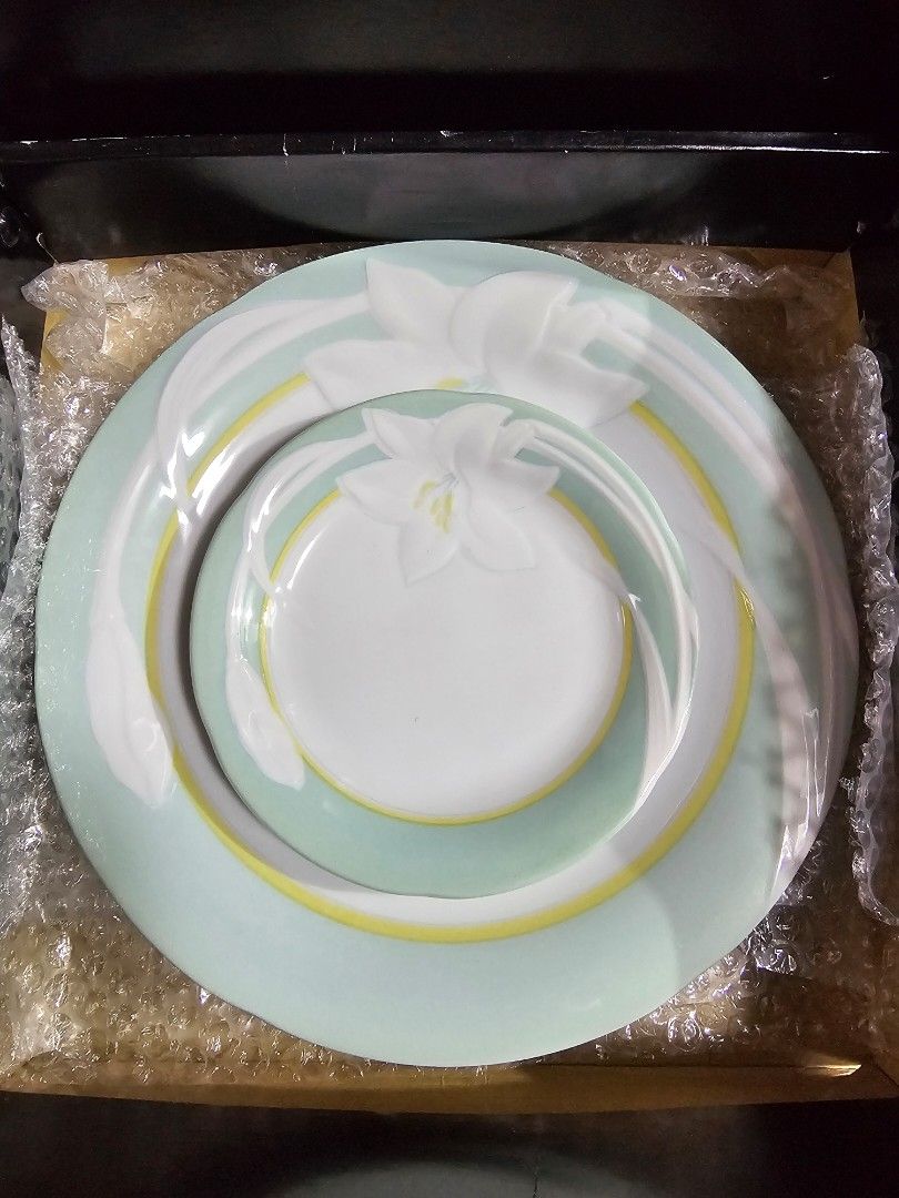 YSL Mint Green Party Plates Set - 7 pcs (Category: Dinnerware & Cutlery) located in Quezon City. Submitted by senyoramaria (Listing ID 1453230357, Image 2). Description: YSL Party Plates Mint Green, features white lily flowers. Set of 7 2 x Serving Plate 10.3 inches in diameter 5 x Cake Plates 6.25 inches in diameter Brandnew with box..