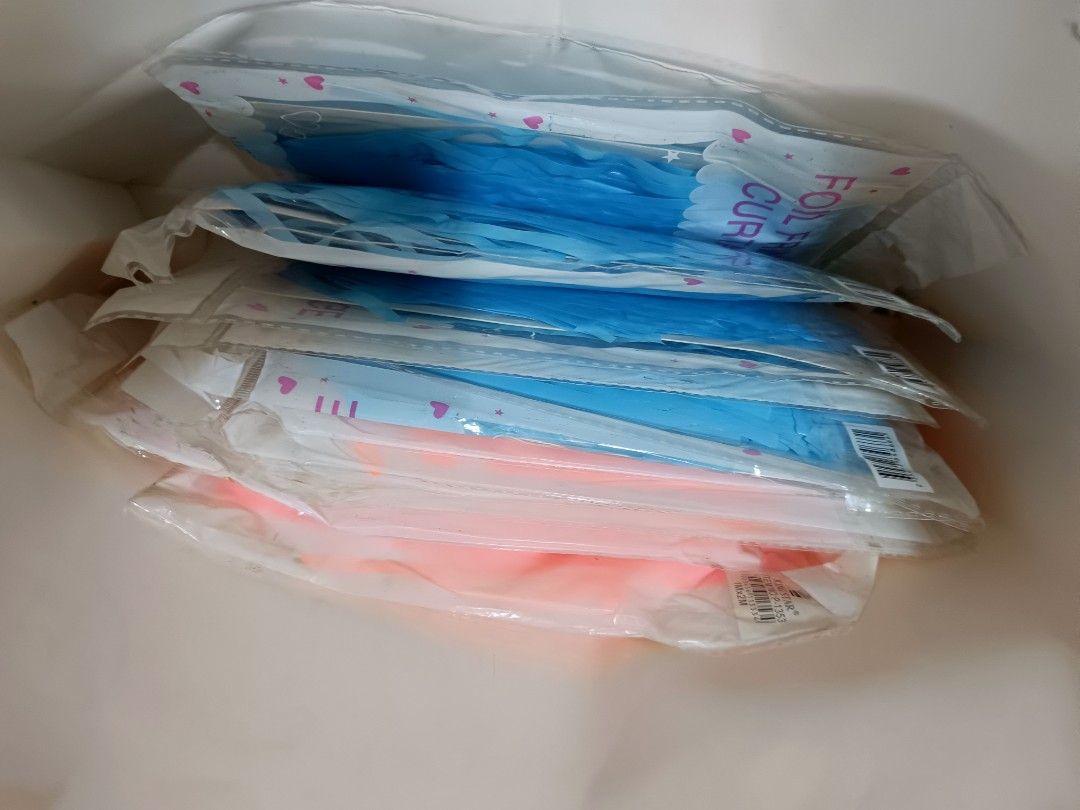(11pcs) Foil Fringe Curtain Gradient color (Category: Curtains & Blinds) located in Manila. Submitted by livebear.8f6871 (Listing ID 1454818109, Image 2). Description: selling 2M Foil Curtain (5) Blue (6) Orange rfs: hindi na gamit during event.