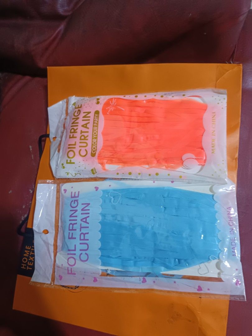 (11pcs) Foil Fringe Curtain Gradient color (Category: Curtains & Blinds) located in Manila. Submitted by livebear.8f6871 (Listing ID 1454818109, Image 1). Description: selling 2M Foil Curtain (5) Blue (6) Orange rfs: hindi na gamit during event.