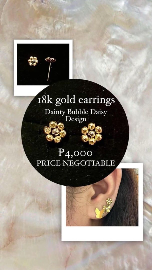 18k Gold Dainty Bubble Daisy Design Earrings (Category: Earrings) located in Zamboanga. Submitted by m4148 (Listing ID 1454885669, Image 1). Description: - Genuine 18k Gold Earrings - Japan Gold - Dainty Bubble Daisy Design - Price: ₱4,000 (Negotiable) - Versatile: Ideal for everyday wear or special occasions - Feel free to ask questions!.