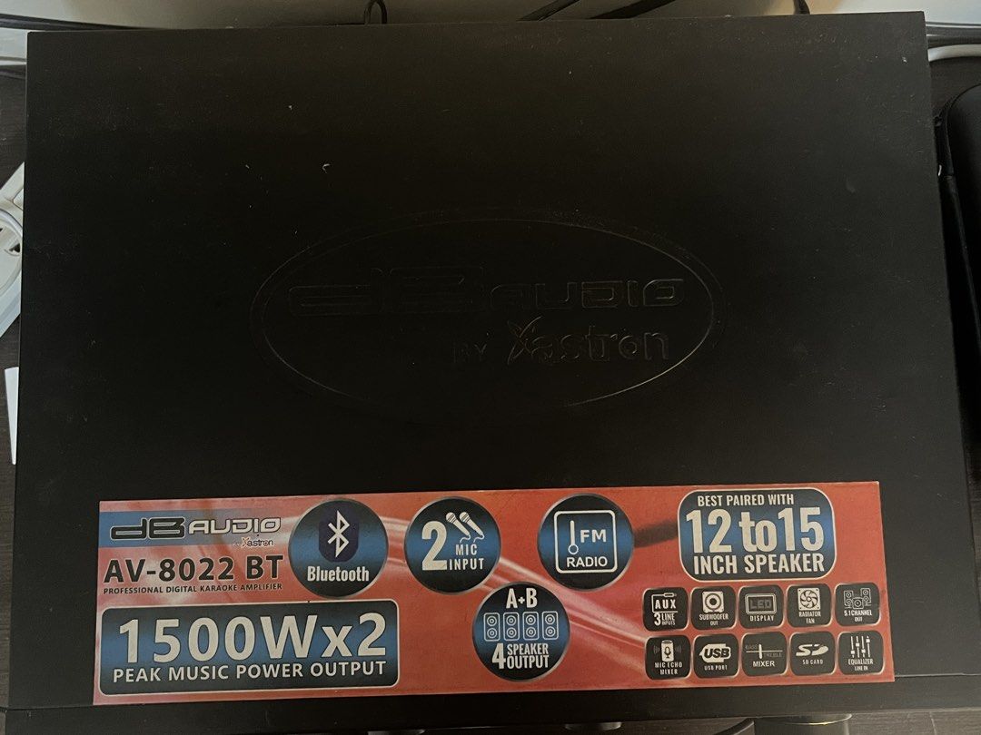 🔊 DB Audio by Astron AV-8022 BT (Category: Soundbars, Speakers & Amplifiers) located in Manila. Submitted by sushi.6 (Listing ID 1454876970, Image 2). Description: 🔊 DB Audio by Astron AV-8022 BT Specs Specification Details Model AV-8022 BT Type Professional Digital Karaoke / Mixer Amplifier Advertised power 1500W × 2 peak music power output Recommended speakers 12–15 inch speakers Speaker output A + B / 4 speaker output Bluetooth ✅ Yes FM Radi
