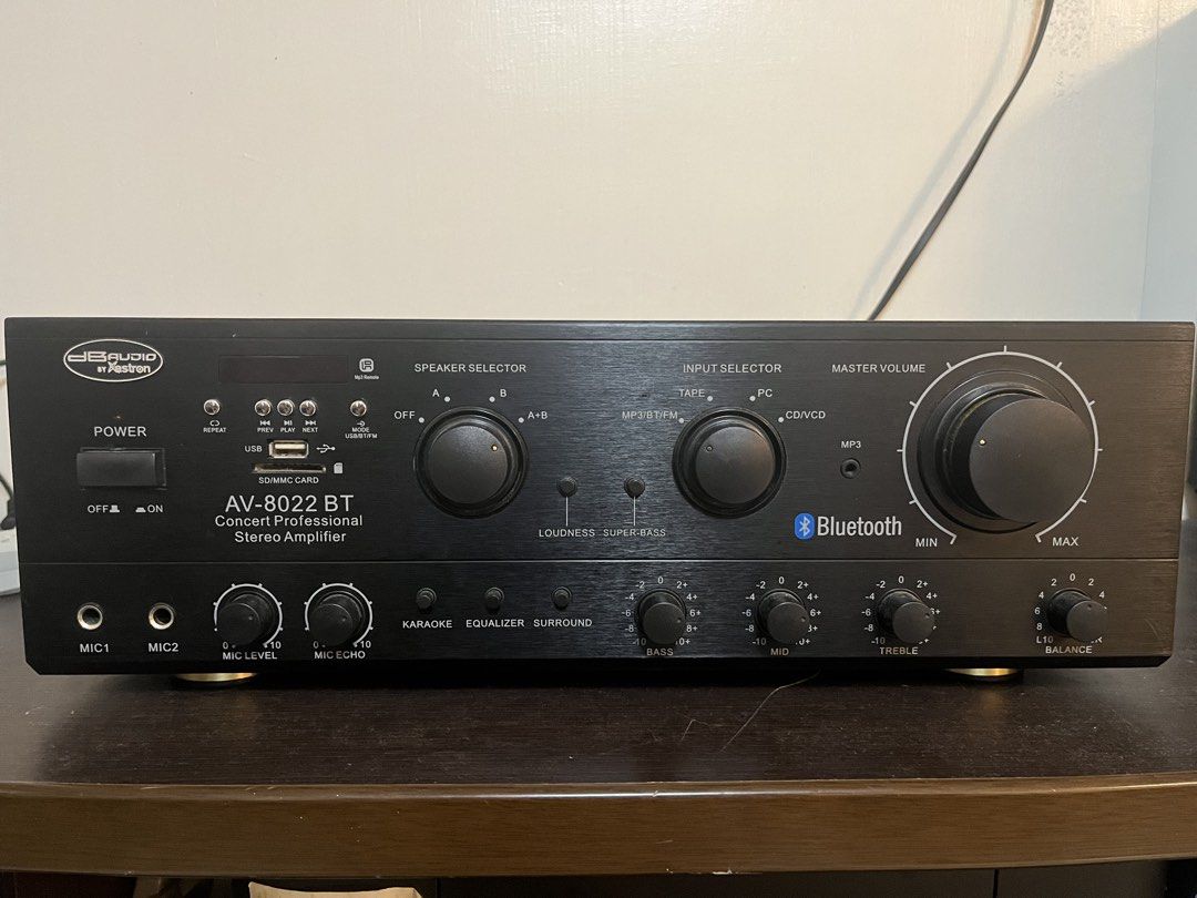 🔊 DB Audio by Astron AV-8022 BT (Category: Soundbars, Speakers & Amplifiers) located in Manila. Submitted by sushi.6 (Listing ID 1454876970, Image 1). Description: 🔊 DB Audio by Astron AV-8022 BT Specs Specification Details Model AV-8022 BT Type Professional Digital Karaoke / Mixer Amplifier Advertised power 1500W × 2 peak music power output Recommended speakers 12–15 inch speakers Speaker output A + B / 4 speaker output Bluetooth ✅ Yes FM Radi