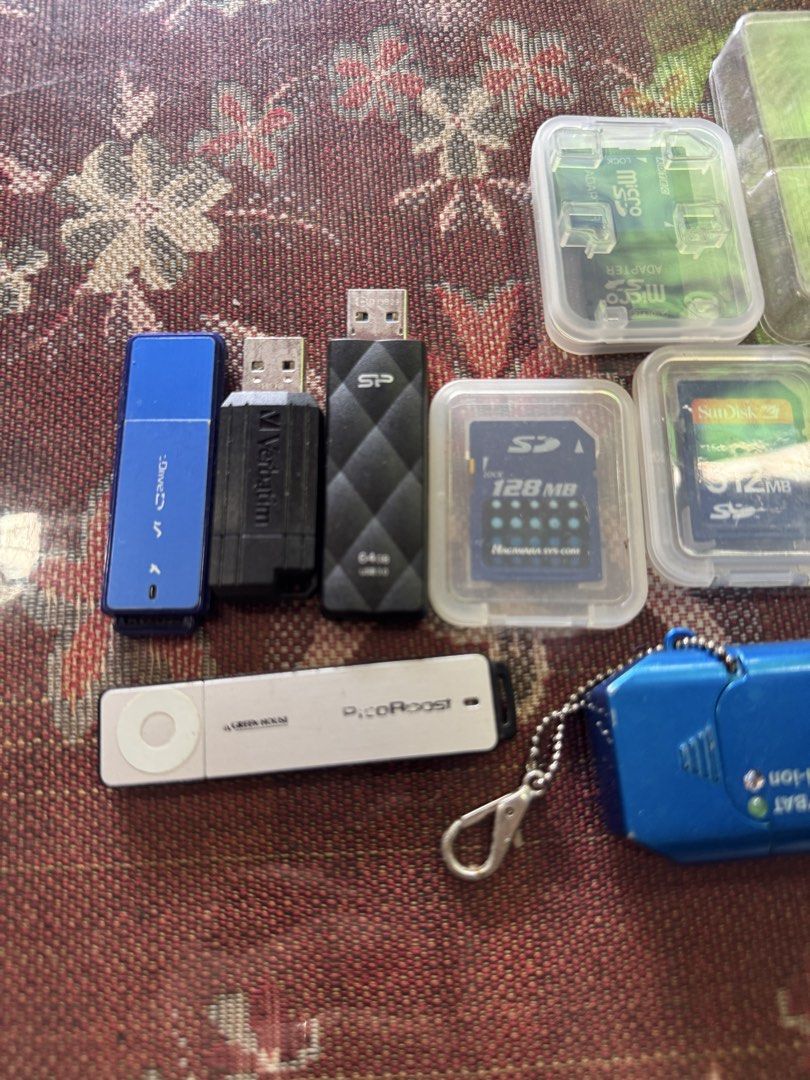 Assorted USB Drives, SD Cards, MicroSD Cards (Category: Memory & SD Cards) located in Cainta. Submitted by danica010314 (Listing ID 1454820795, Image 2). Description: - Assorted Memory Cards & USB Drives for Sale - Brands include SanDisk, Transcend, Sony, and Buffalo - Capacities available: 128MB, 512MB, 1GB, 4GB, 8GB - Includes USB flash drives - Also selling a PicoBoost charger - All items are tested and fully functional - Ideal for expanding y
