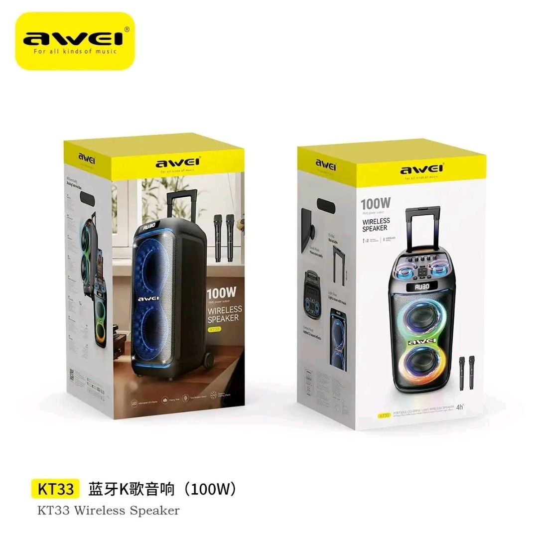 Awei KT19 200W Outdoor Wireless Speaker with Karaoke (Category: Soundbars, Speakers & Amplifiers) located in Manila. Submitted by marvieobordo (Listing ID 1454840903, Image 2). Description: - 200W High Power Portable Outdoor Speaker - Built-in Karaoke Function with 2 Included Microphones - Vibrant, Colorful Lighting Effects - Wireless Connectivity for Easy Music Streaming - Built-in Handle for Portability - Ideal for Parties and Outdoor Gathering