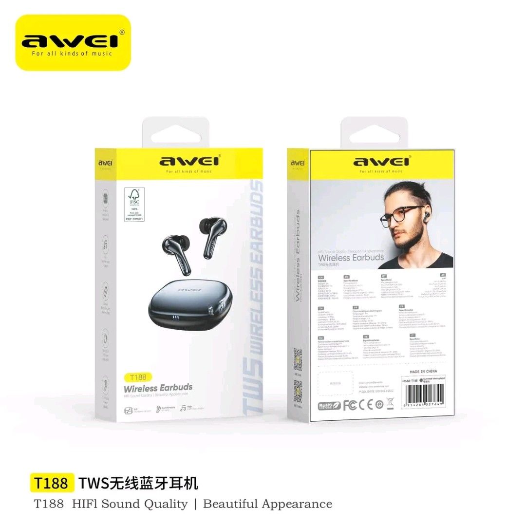 Awei T188 TWS Wireless Earbuds Bluetooth 6.0 (Category: Earphones) located in Manila. Submitted by marvieobordo (Listing ID 1454841697, Image 1). Description: - Awei T188 TWS Wireless Earbuds - Incredible 68-hour battery life - Pure -Fi sound quality - ENC noise reduction for crystal-clear calls - IPX6 waterproof rating - Latest Bluetooth 5.3 with Flash Link - Lightweight and comfortable for all-day wear - Immersive 720° surround sound experience