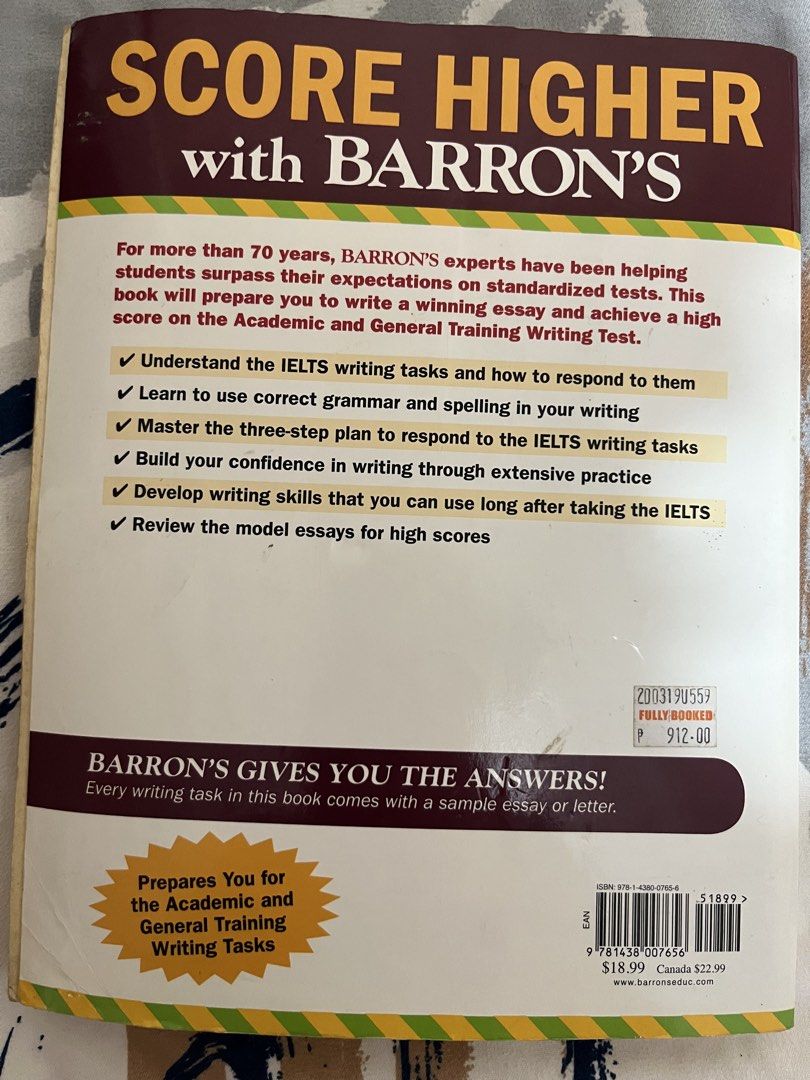Barron’s Writing for the IELTS (Category: Textbooks) located in Manila. Submitted by dclttrthings (Listing ID 1454829240, Image 2). Description: visible oxidation on pages complete pages, no rip page.