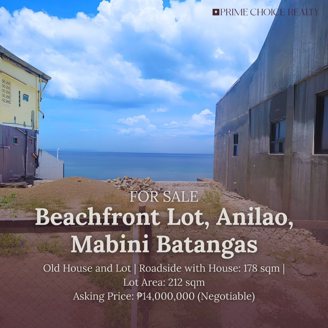 Beachfront Lot – Anilao, Mabini, Batangas (Category: Lot) located in Quezon City. Submitted by primechoicerealtyinc (Listing ID 1454805793, Image 1). Description: FOR SALE | BEACHFRONT LOT – ANILAO, MABINI, BATANGAS 📍 Location: Brgy. Solo, Mabini, Batangas (Anilao) Property Details: • Asking Price: ₱14,000,000 Negotiable • Lot Area: 212 sqm • Clean Title PROPERTY HIGHLIGHTS: • Beachfront property with direct access to the beach • Along Barangay 