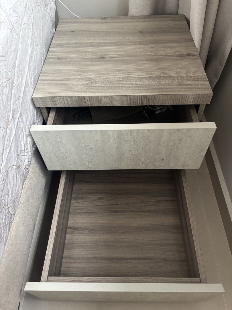 Bedside table (Category: Shelves, Cabinets & Racks) located in Singapore. Submitted by huaax (Listing ID 1454864329, Image 2). Description: - Colour is true to pic (brown/ash grey) - Measurements: 45cm x 45cm x 45cm - Self-collection at my house (near Macpherson mrt. Details to be provided upon confirmation).
