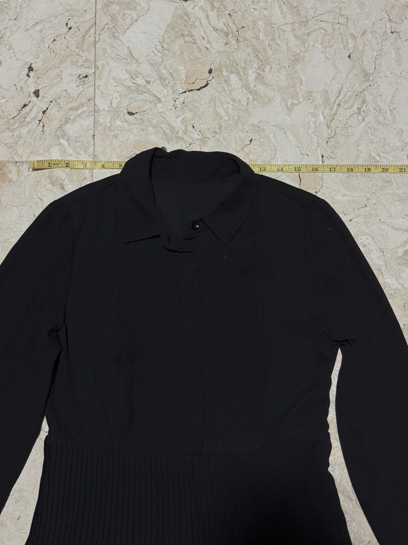 Black Long Sleeve Pleated Dress (Category: Dresses) located in Quezon City. Submitted by EveryWANTShop (Listing ID 1454889219, Image 3). Description: - Classic black long sleeve dress - Elegant collared neckline with button closure - Subtle vertical pleating on the bodice - Eye-catching prominent pleats on the skirt - Perfect for a smart casual outfit.