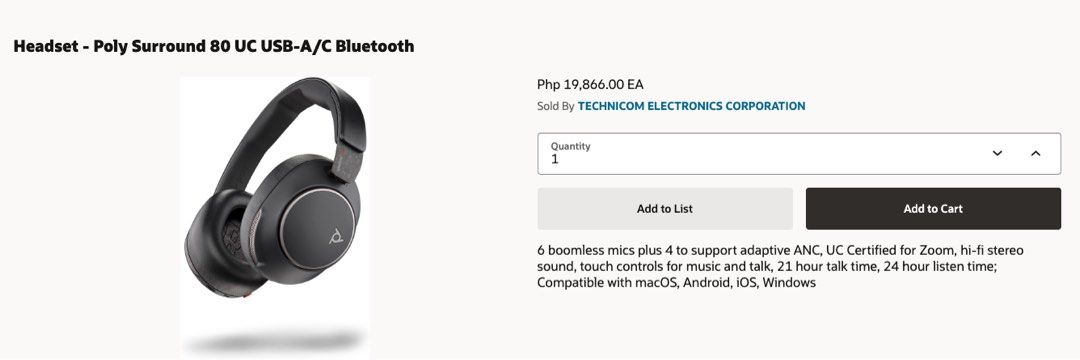Black Poly Surround 80 UC USB-A/C Bluetooth Headphones Headset with Cable, Adapter & Case (Category: Headphones & Headsets) located in Quezon City. Submitted by molilies (Listing ID 1449195975, Image 2). Description: RFS: Just tried it out, used 1x, need funds Selling for a sibling Original price: ₱19,866 📍 Loyola Heights, Quezon City, Metro Manila 👥 But First, Coffee, Katipunan, QC 👥 Kenny Rodger’s Roasters, Katipunan, QC 👥 Mendiola Peace Ar