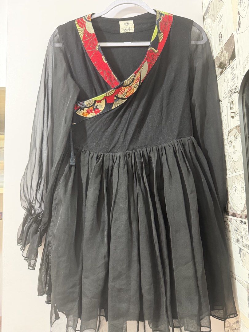 Black Sheer Sleeve Kimono Dress (Category: Dresses) located in Manila. Submitted by eliotscollection (Listing ID 1454897637, Image 1). Description: - Elegant black dress - Sheer, ruffled sleeves - V-neckline with colorful oriental trim - Flowy, gathered skirt - Fits S-M - Perfect for a unique statement outfit Feel free to DM for more photos!.