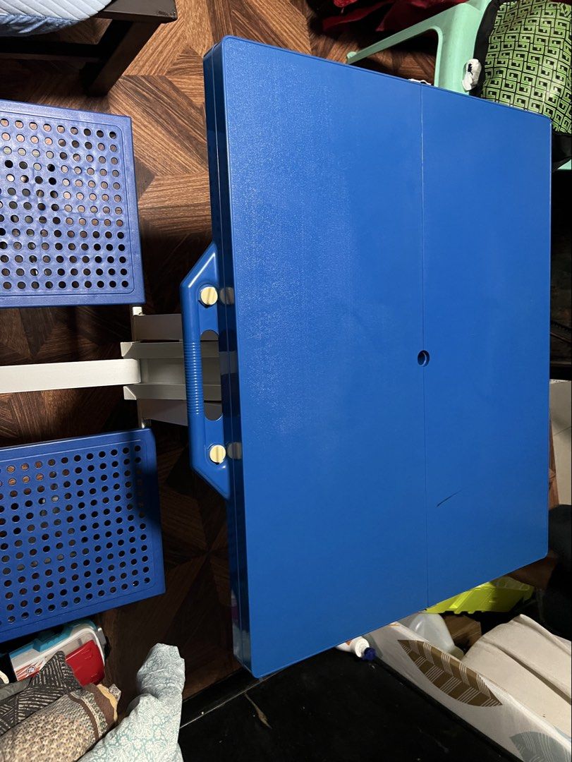 Blue Folding Picnic Table with 4 Stools (Category: Tables & Sets) located in Quezon City. Submitted by daday39 (Listing ID 1454824938, Image 2). Description: - Portable blue folding table set - Includes 4 stools that tuck away neatly - Ideal for picnics, camping, or extra seating - Folds compact for easy storage and transport - Features a convenient side handle for carrying - Constructed with a sturdy aluminum frame and durable plastic surfaces B