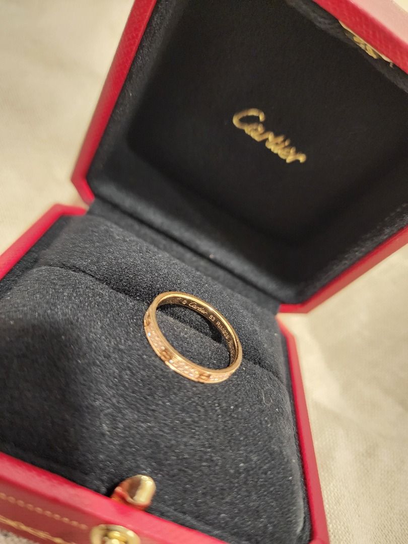 Cartier Love Ring 18K Gold Diamonds (Category: Rings) located in Cordon. Submitted by jrluxurs (Listing ID 1454948854, Image 2). Description: - Authentic Cartier Love Ring - Narrow band model - Set with diamonds - Crafted in 18K rose gold and white gold - Comes with original Cartier box - Ideal for stacking or wearing as a standalone piece.