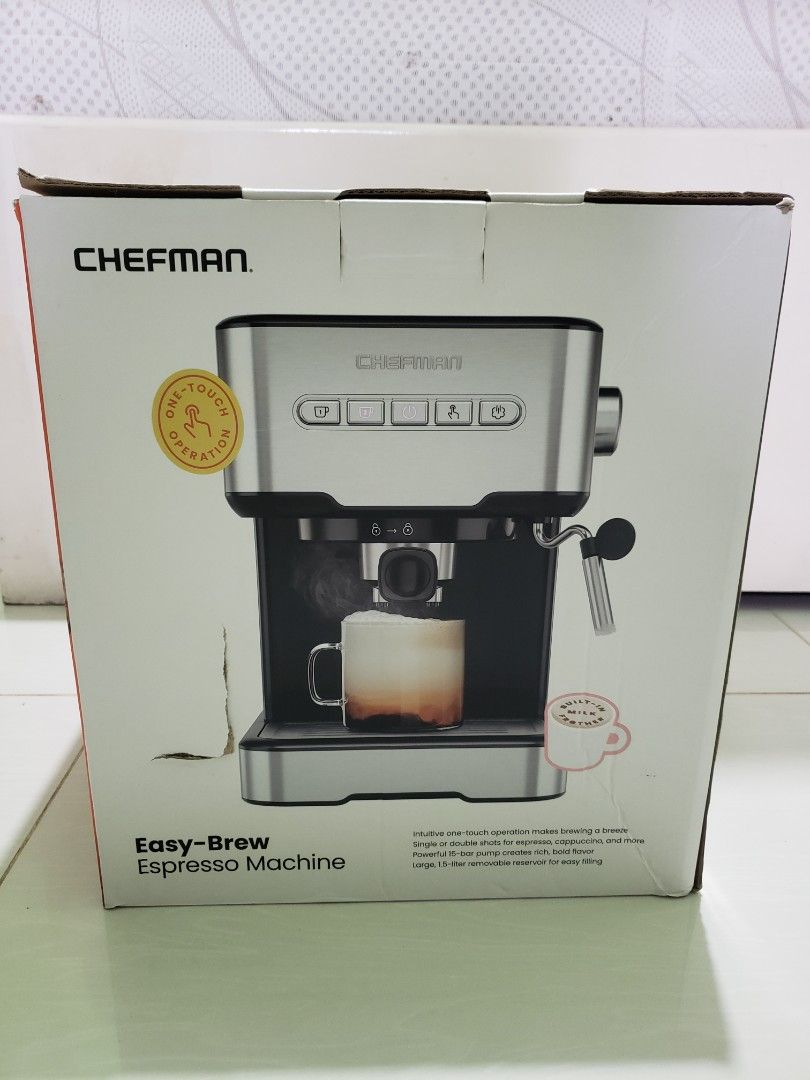 Chefman Easy-Brew Espresso Machine 120volts (Category: Coffee Machines & Makers) located in Navotas City. Submitted by miloklo (Listing ID 1454772214, Image 1). Description: - Brand: Chefman - 120volts po ito since sa US binili - Brew delicious espresso, cappuccinos, and lattes at home. - Features easy one-touch operation for convenience. - Stylish stainless-steel finish complements any kitchen. - Compact design saves counter space. - Comes with 