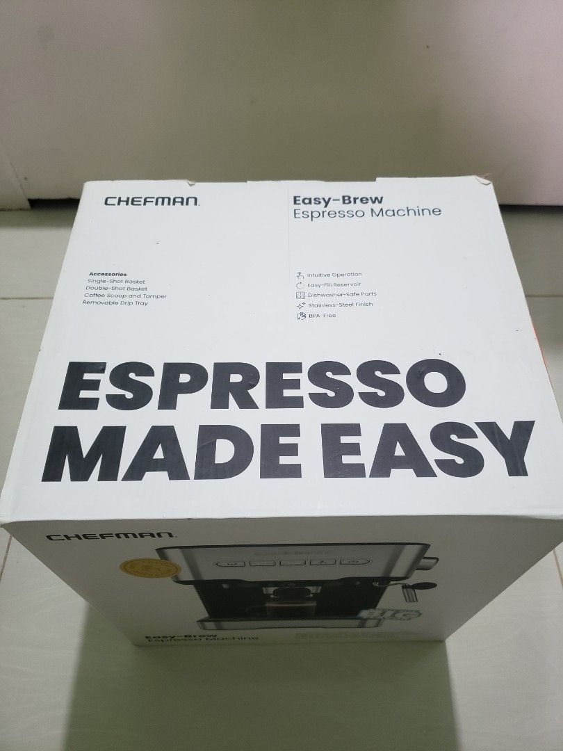 Chefman Easy-Brew Espresso Machine 120volts (Category: Coffee Machines & Makers) located in Navotas City. Submitted by miloklo (Listing ID 1454772214, Image 2). Description: - Brand: Chefman - 120volts po ito since sa US binili - Brew delicious espresso, cappuccinos, and lattes at home. - Features easy one-touch operation for convenience. - Stylish stainless-steel finish complements any kitchen. - Compact design saves counter space. - Comes with 