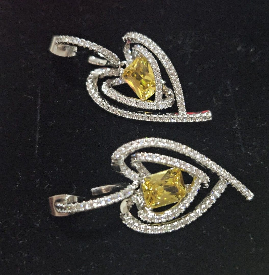 Citrine Stone Emerald Cut Heart Dangling Earrings (Category: Earrings) located in Cainta. Submitted by Kahi0410 (Listing ID 1454820618, Image 2). Description: Natural Stone Platinum filled setting Non fade Hypoallergenic Safe for acidic, sensitive skin.