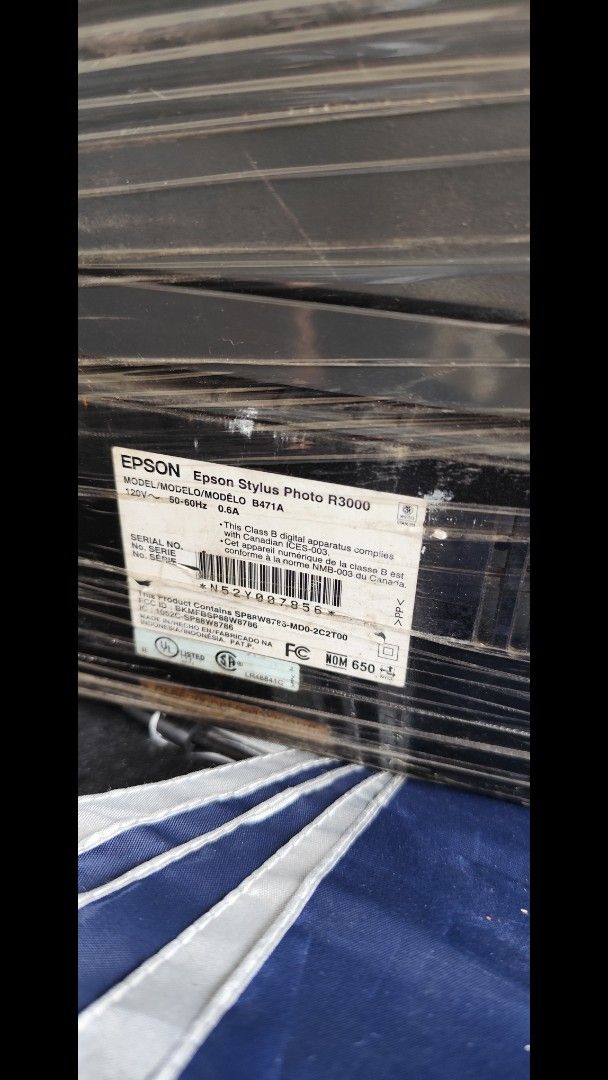 Epson Stylus Photo R3000 Printer (Category: Printers, Scanners & Copiers) located in Manila. Submitted by silentstar-0f4b (Listing ID 1454788278, Image 1). Description: - Epson Stylus Photo R3000 printer - Model: B471A - Power: 120V, 50-60Hz, 0.5A - Serial Number: J6SY007716 - Origin: Made in Indonesia - Condition: Wrapped in plastic - needs repair fuse daw po sira.