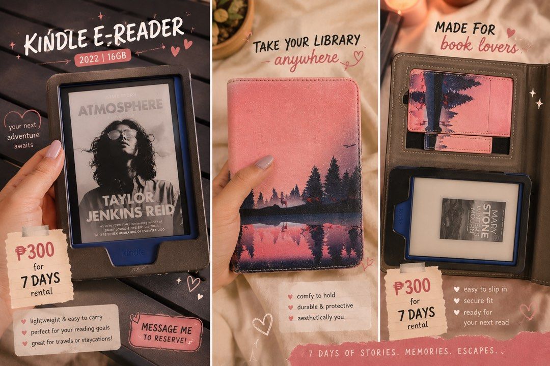 FOR RENT Kindle 2022 (11th gen) (Category: Laptops & Notebooks) located in Quezon City. Submitted by jerssjhay1 (Listing ID 1454932171, Image 2). Description: 💗**Rent a Kindle and bring your TBR everywhere!** 🌷 **Kindle 2022 • 16GB** 💸 **₱300 / 7 days** 🎀 Includes **Kindle + case + charger** 📍 **Metro Manila & nearby provinces** 🚗 Meet-up or delivery available 📦 Delivery fee is shouldered by the renter Perfect for your next **coffee shop r