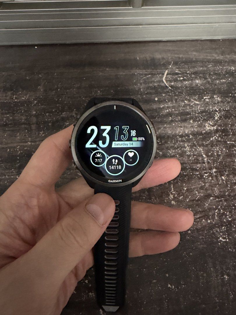 Forerunner 965 (Category: Wearables & Smart Watches) located in Singapore. Submitted by flyboy0711 (Listing ID 1454904080, Image 1). Description: Forerunner 970 watch in good condition. Some wear in rubber strap. Comes with box, charging cable and case protector..
