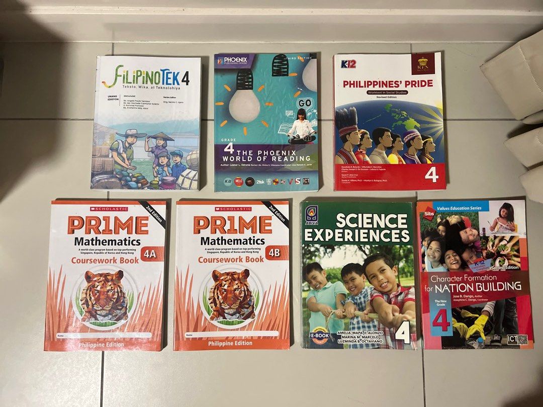 Grade 4 Books - Various Subjects (Category: Textbooks) located in Muntinlupa City. Submitted by rjmlg (Listing ID 1454864663, Image 2). Description: Grade 4 Books - PR1ME Mathematics (Coursework Books 4A & 4B) - FilipinoTek 4 - Science Experiences - The Phoenix World of Reading - Philippines' Pride (Worktext in Social Studies) - Character Formation for Nation Building With minimal to no writing inside P200 each.