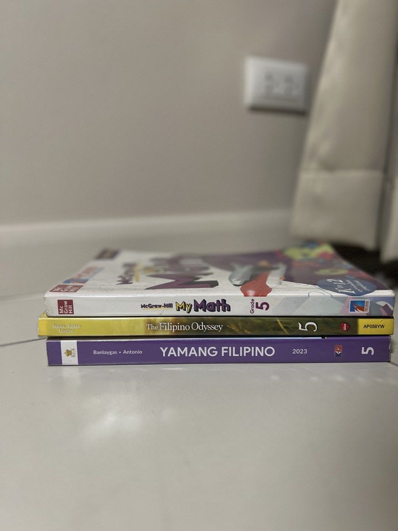 Grade 5 Books - Various Subjects (Category: Textbooks) located in Muntinlupa City. Submitted by rjmlg (Listing ID 1454866372, Image 1). Description: Grade 5 Books - McGraw-Hill My Math - The Filipino Odyssey - Yamang Filipino With minimal to no writing inside P200 each.