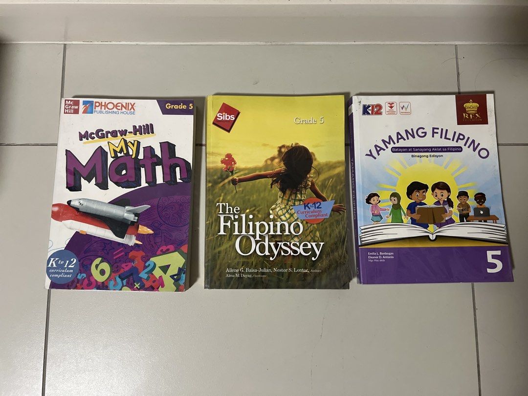 Grade 5 Books - Various Subjects (Category: Textbooks) located in Muntinlupa City. Submitted by rjmlg (Listing ID 1454866372, Image 2). Description: Grade 5 Books - McGraw-Hill My Math - The Filipino Odyssey - Yamang Filipino With minimal to no writing inside P200 each.
