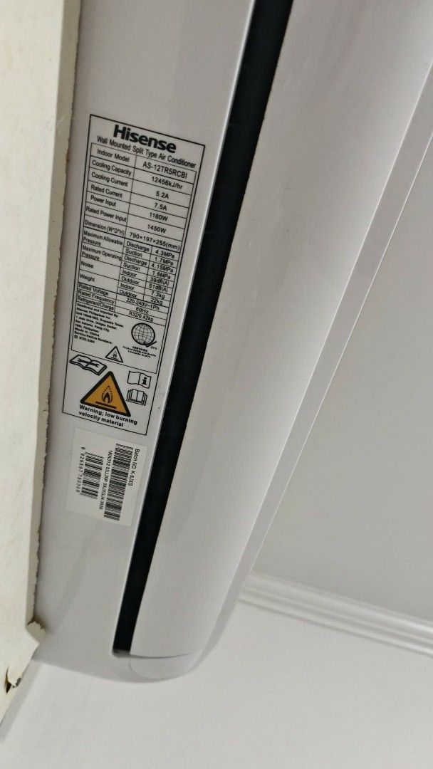 Hisense AS-12TR5RCBI Split Type Air Conditioner (Category: Air Conditioning and Heating) located in Manila. Submitted by cosmicrabbit-c5bc (Listing ID 1454814235, Image 3). Description: - Hisense Inverter Air Conditioner - Cooling Capacity: 3.46 kW - Monthly Energy Consumption: 156.60 kWh - Refrigerant Type: R32 - Type: Wall Mounted Split Type - Energy Efficiency Rating: 4.65 - Purchase Year: 2024 - Reason for Selling: Upgrading.