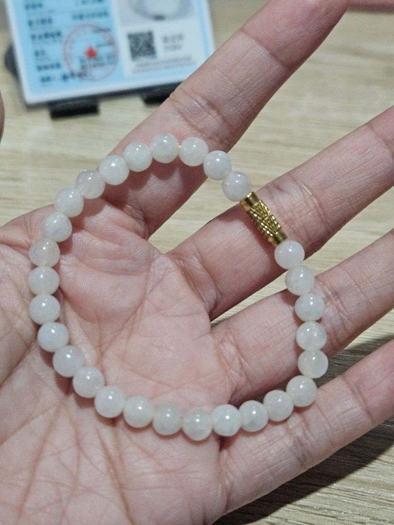 Icy White Jadeite Stone Bead Bracelet (Category: Bracelets) located in Cainta. Submitted by Kahi0410 (Listing ID 1454822719, Image 2). Description: Natural Burmese Jadeite (grade A) Icy White deroscas lock 9mm bead size 16inch wrist size garterized with certificate.