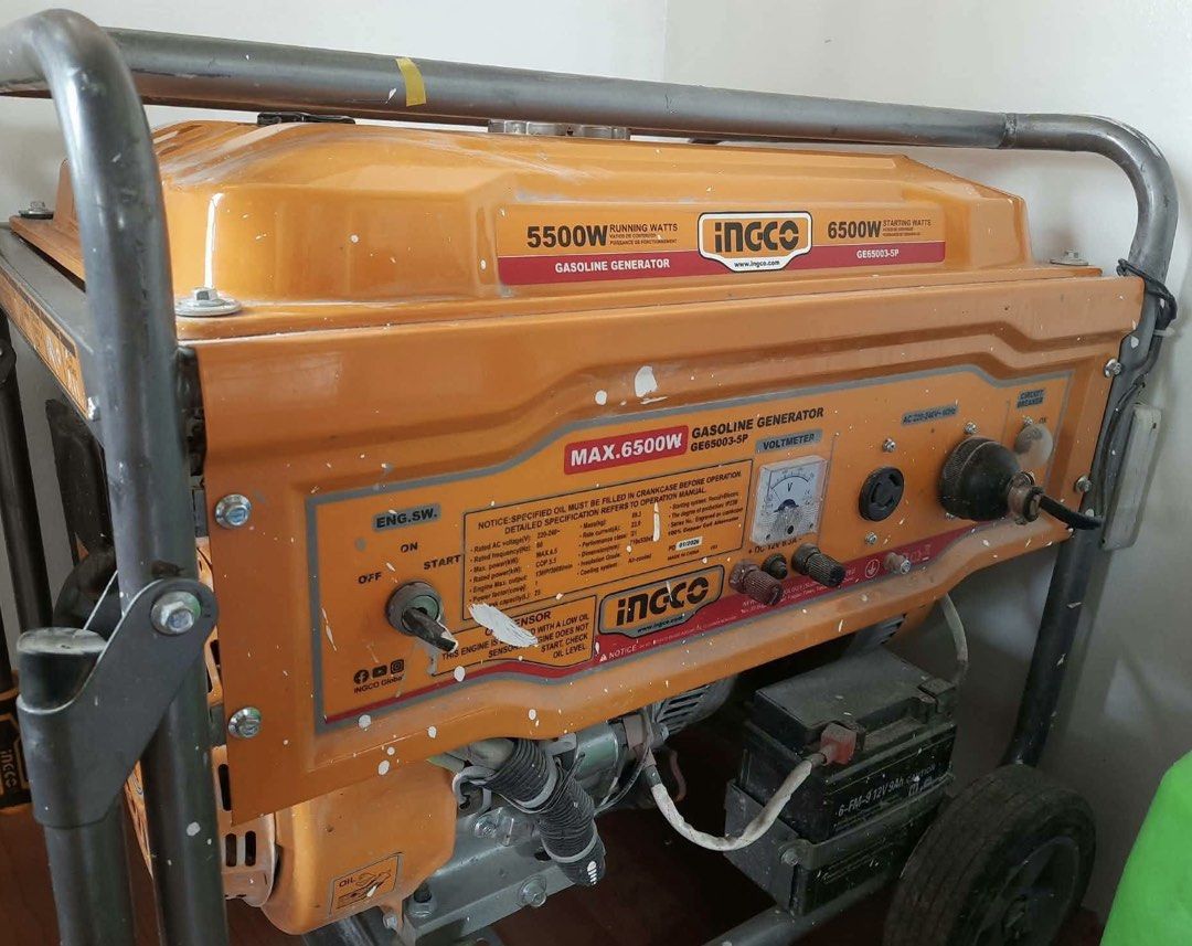 INGCO 5500W Gasoline Generator GG6503-SP (Category: Construction Tools & Equipment) located in Agdangan. Submitted by geoffs (Listing ID 1454950448, Image 2). Description: - INGCO Gasoline Generator - Running Watts: 5500W - Max Watts: 6500W - Features Voltmeter - Ideal for backup power needs - In excellent working condition Generator for Sale Kawit Cavite 23k only, paunahan nlng Retail 48k Brand: INGCO Key Specs & Details Model: GE65003-5P (6.5kW
