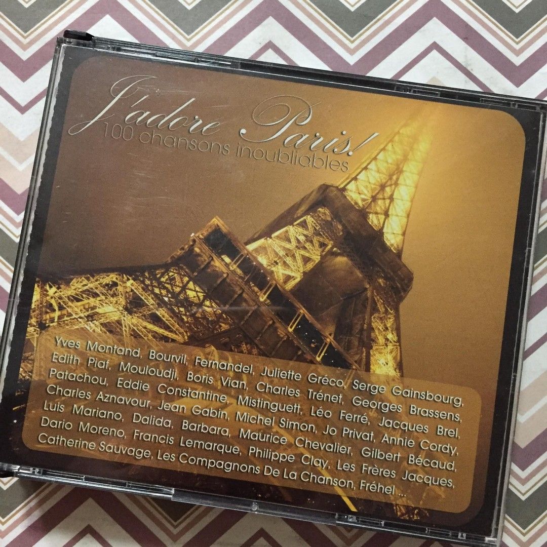 J'adore Paris! CD: 100 chansons inoubliables (4 disc) (Category: CDs & DVDs) located in Pasig City. Submitted by sell.phi (Listing ID 1454835714, Image 1). Description: J'adore Paris! 100 chansons inoubliables, a 4-CD French music compilation released by Bonsaï Music in May 2010. preloved original music CD discs are in VG condition, no playback issues inlay and case may have signs of wear.