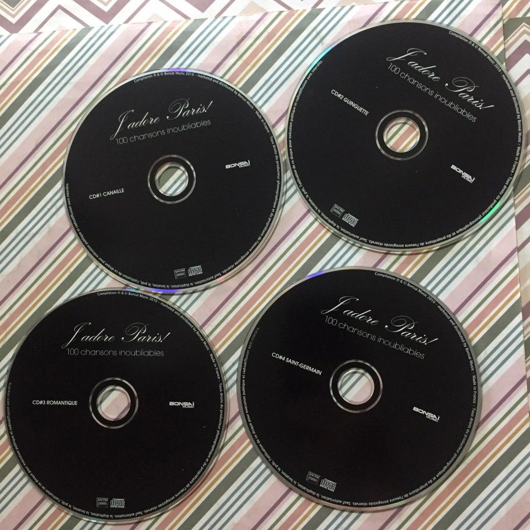 J'adore Paris! CD: 100 chansons inoubliables (4 disc) (Category: CDs & DVDs) located in Pasig City. Submitted by sell.phi (Listing ID 1454835714, Image 3). Description: J'adore Paris! 100 chansons inoubliables, a 4-CD French music compilation released by Bonsaï Music in May 2010. preloved original music CD discs are in VG condition, no playback issues inlay and case may have signs of wear.