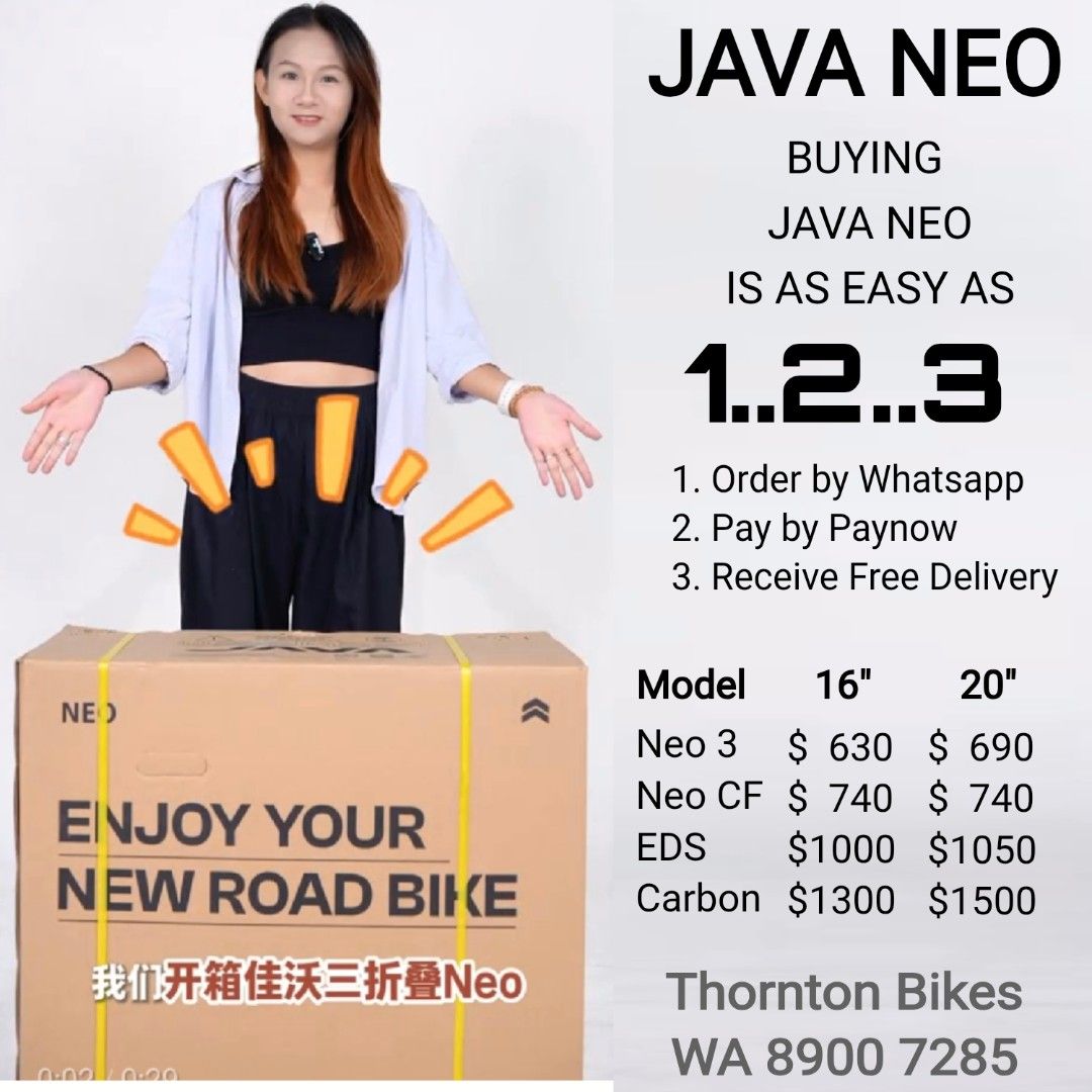 JAVA NEO Foldable Bikes (Category: Parts & Accessories) located in Singapore. Submitted by thornton.bikes (Listing ID 1454745196, Image 1). Description: 💰𝗔𝘂𝘁𝗵𝗼𝗿𝗶𝘀𝗲𝗱 𝗗𝗲𝗮𝗹𝗲𝗿 𝗮𝗻𝗱 𝗗𝗶𝗿𝗲𝗰𝘁 𝗜𝗺𝗽𝗼𝗿𝘁𝗲𝗿 As Authorised Dealer of Java and Direct Importer, we bring all models of Java Neo at most attractive prices to our customers. 📍𝗢𝘂𝗿 𝗝𝗮𝘃𝗮 𝗡𝗲𝗼 𝗖𝗼𝗹𝗹𝗲𝗰𝘁𝗶𝗼𝗻 𝟭𝟰" 𝗧𝗿𝗶𝗳𝗼𝗹𝗱 • 14" Neo 3 | $630 𝟭𝟲" 𝗧𝗿𝗶