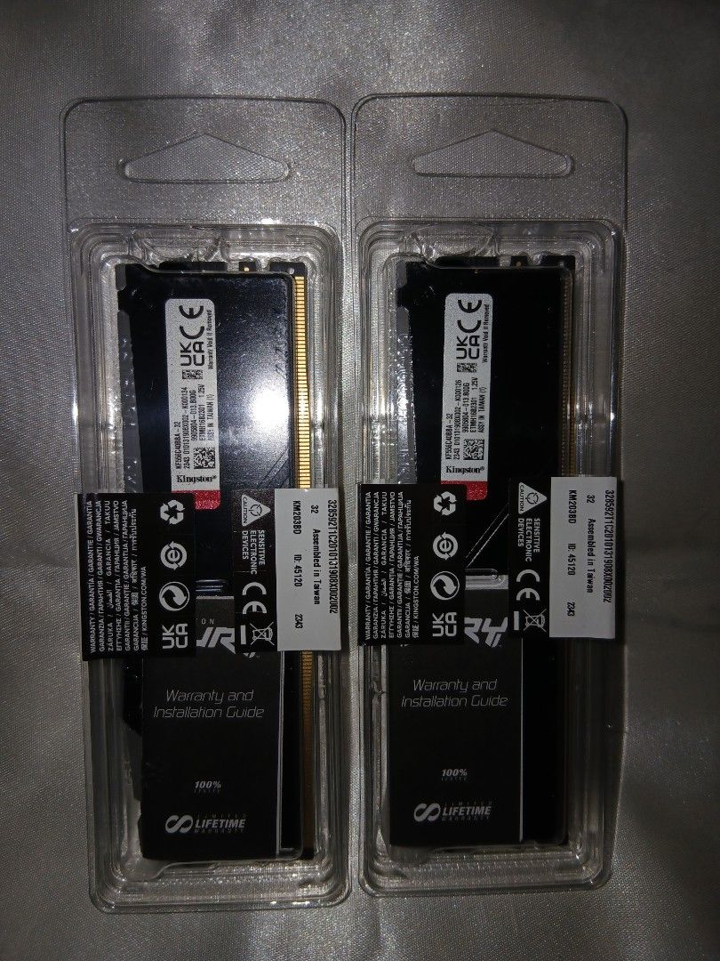 Kingston Fury DDR5 RAM Modules (Category: Computer Parts) located in Quezon City. Submitted by ranger.rgr (Listing ID 1454782014, Image 3). Description: BRAND NEW AND SEALED for only 22,500 per piece 32 GB Kingston FURY Beast RGB (KF556C40BBA-32) DDR5 Memory stick RAM * Capacity/Size: 32GB (1 x 32GB) * Memory Type: DDR5 SDRAM * Speed (Frequency): 5600MT/s (PC5-44800) * CAS Latency: CL40 (40-40-40) * Voltage: 1.25v * Lighting: Customizable RGB wit
