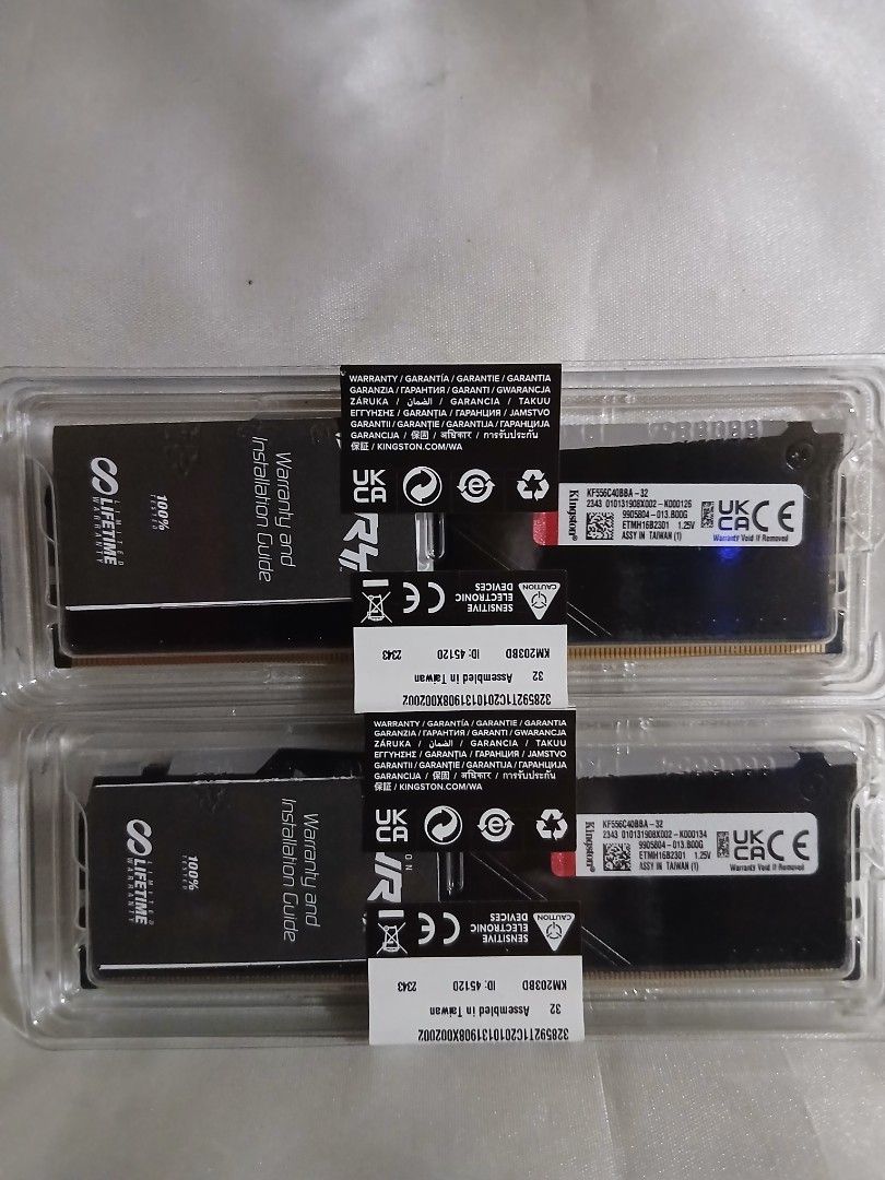 Kingston Fury DDR5 RAM Modules (Category: Computer Parts) located in Quezon City. Submitted by ranger.rgr (Listing ID 1454782014, Image 2). Description: BRAND NEW AND SEALED for only 22,500 per piece 32 GB Kingston FURY Beast RGB (KF556C40BBA-32) DDR5 Memory stick RAM * Capacity/Size: 32GB (1 x 32GB) * Memory Type: DDR5 SDRAM * Speed (Frequency): 5600MT/s (PC5-44800) * CAS Latency: CL40 (40-40-40) * Voltage: 1.25v * Lighting: Customizable RGB wit