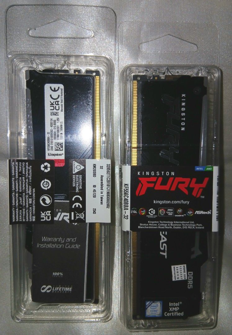 Kingston Fury DDR5 RAM Modules (Category: Computer Parts) located in Quezon City. Submitted by ranger.rgr (Listing ID 1454782014, Image 1). Description: BRAND NEW AND SEALED for only 22,500 per piece 32 GB Kingston FURY Beast RGB (KF556C40BBA-32) DDR5 Memory stick RAM * Capacity/Size: 32GB (1 x 32GB) * Memory Type: DDR5 SDRAM * Speed (Frequency): 5600MT/s (PC5-44800) * CAS Latency: CL40 (40-40-40) * Voltage: 1.25v * Lighting: Customizable RGB wit