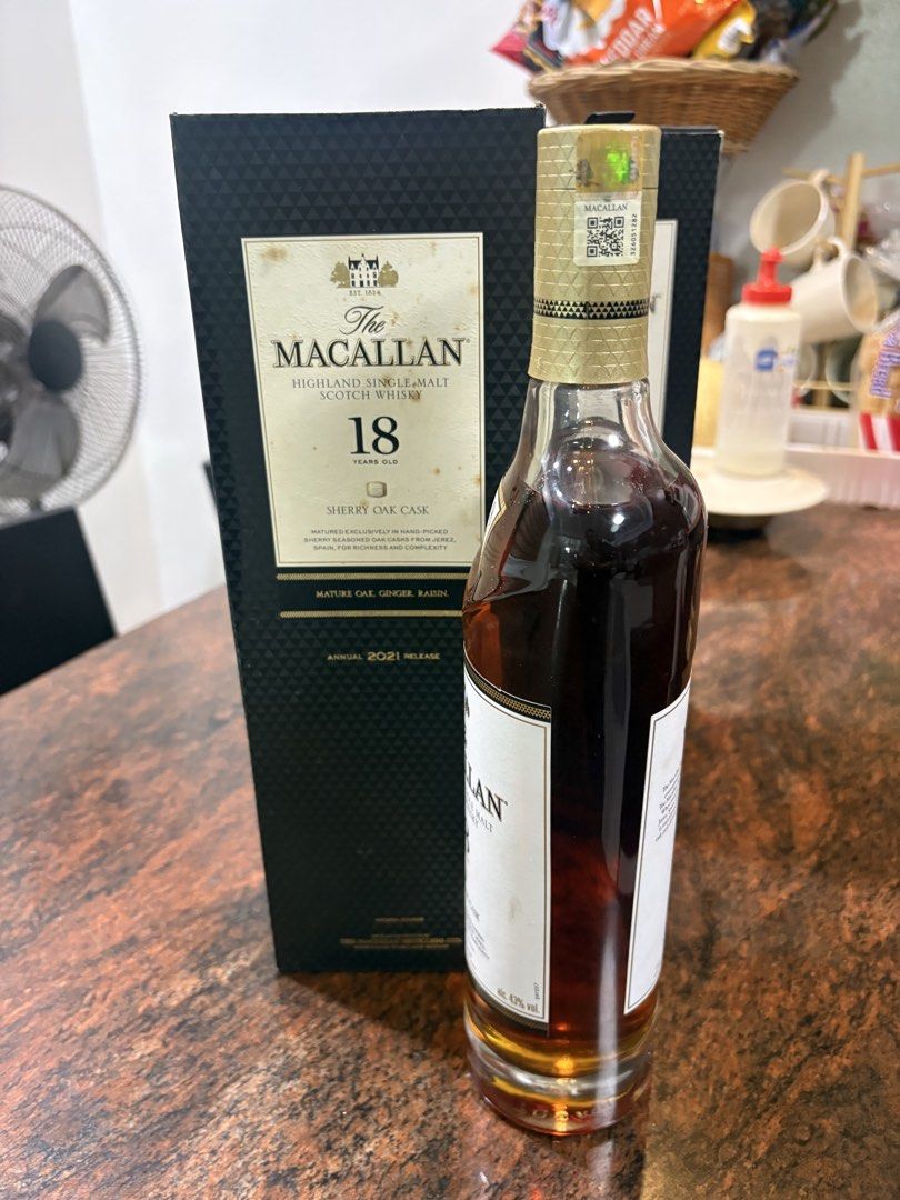Macallan 18 Sherry Oak Cask (Category: Beverages) located in Manila. Submitted by banaepple1979 (Listing ID 1454829208, Image 1). Description: Guaranteed genuine MACALLAN 18 Sherry Oak Cask 2 bottles available.