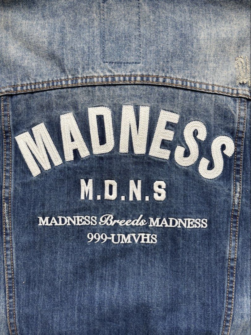 Madness Tokyo Embroidered Denim Jacket (Category: Coats, Jackets and Outerwear) located in Paranaque City. Submitted by grailonious (Listing ID 1454944304, Image 2). Description: All distressing intentional. Classic streetwear brand Madness All measurements posted in the pics. Price negotiable.