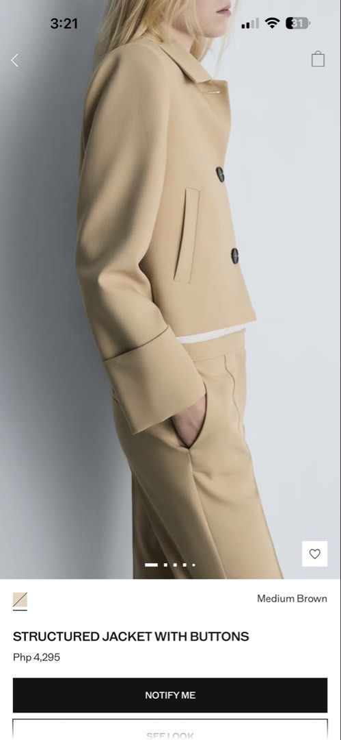 Mango Structured Jacket with Buttons Medium Brown Corporate (Category: Coats, Jackets and Outerwear) located in Quezon City. Submitted by a.shops (Listing ID 1454942174, Image 3). Description: SRP ₱4295 Used once only Size Medium Sold out online / in stores.