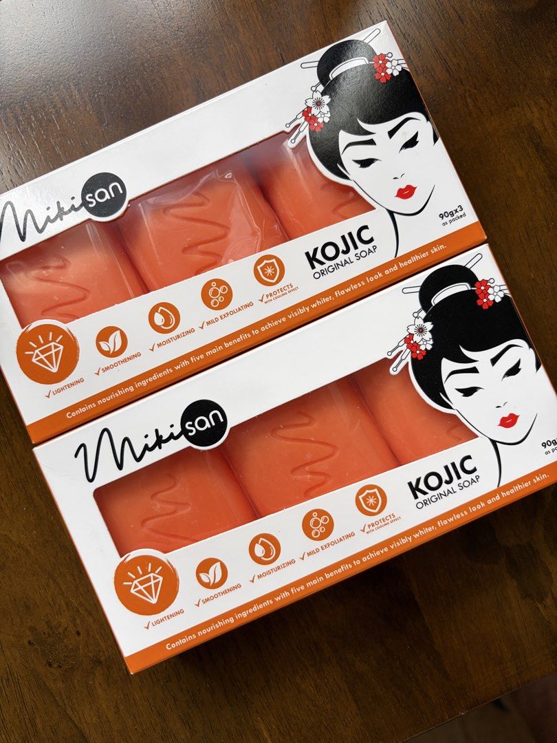 Miki San Kojic Original Soap x6 (Category: Bath) located in San Pedro. Submitted by idntt (Listing ID 1454799512, Image 2). Description: - Miki San Kojic Original Soap - Each box contains 3 bars (90g each) - Benefits: Lightening, Smoothing, Moisturizing, Mild Exfoliating, Skin Protection - Achieve a whiter, flawless, and healthier complexion - Key Ingredients: Kojic Acid Dipalmitate, Tea Tree Oil, Virgin Coconut Oil, Salicylic Acid, Menthol Cryst
