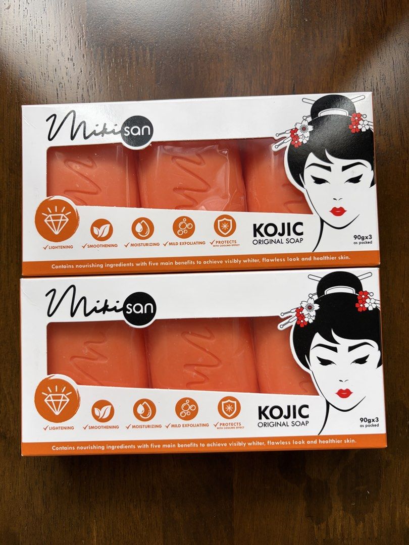 Miki San Kojic Original Soap x6 (Category: Bath) located in San Pedro. Submitted by idntt (Listing ID 1454799512, Image 3). Description: - Miki San Kojic Original Soap - Each box contains 3 bars (90g each) - Benefits: Lightening, Smoothing, Moisturizing, Mild Exfoliating, Skin Protection - Achieve a whiter, flawless, and healthier complexion - Key Ingredients: Kojic Acid Dipalmitate, Tea Tree Oil, Virgin Coconut Oil, Salicylic Acid, Menthol Cryst